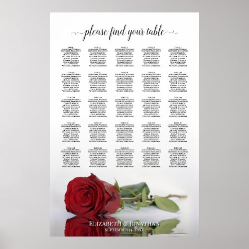Beautiful Red Rose 25 Table Wedding Seating Chart