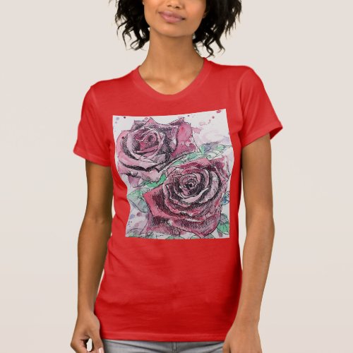 Beautiful Red Rose and Ink Watercolor Painting T_Shirt