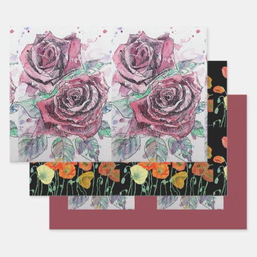 Beautiful Red Rose and Ink Watercolor Painting Wrapping Paper Sheets