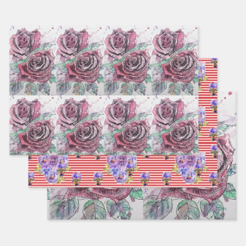 Beautiful Red Rose and Ink Watercolor Painting Wrapping Paper Sheets