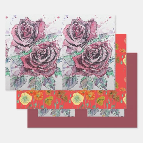 Beautiful Red Rose and Ink Watercolor Painting Wrapping Paper Sheets
