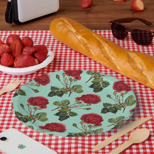 Beautiful Red Rose, green background, Pattern Paper Plates (Picnic)