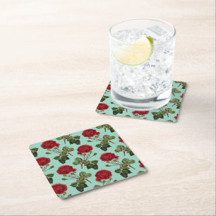 Beautiful Red Rose, green background, Pattern Square Paper Coaster