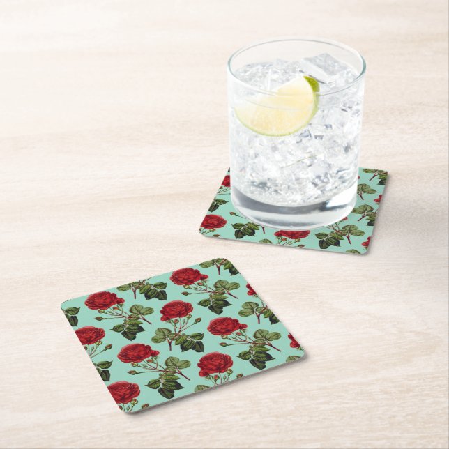 Beautiful Red Rose, green background, Pattern Square Paper Coaster (Insitu)