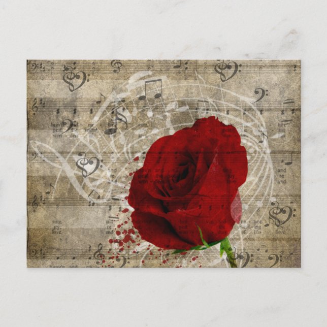 Beautiful red rose music notes swirl faded piano (Front)