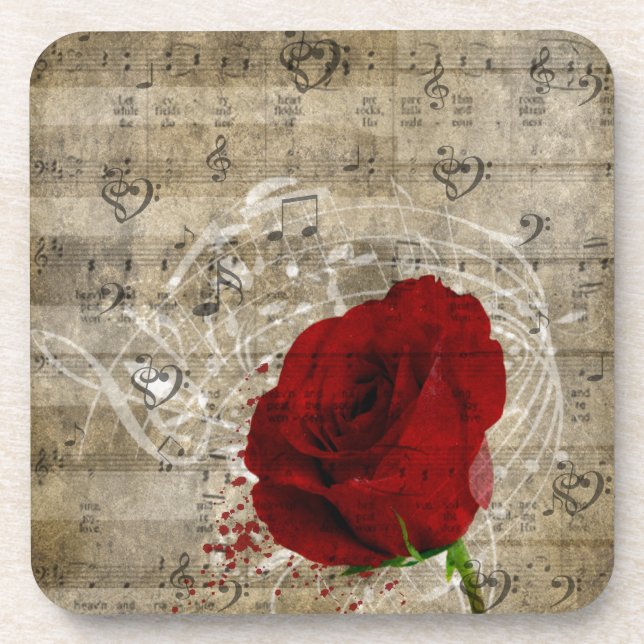 Beautiful red rose music notes swirl faded piano beverage coaster (Front)
