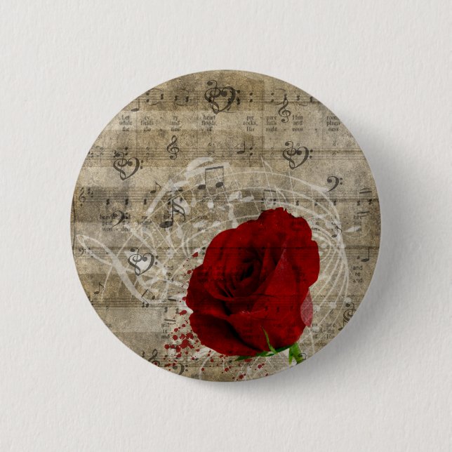 Beautiful red rose music notes swirl faded piano button (Front)