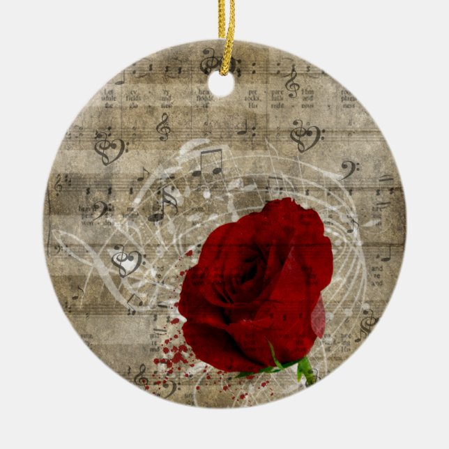Beautiful red rose music notes swirl faded piano ceramic ornament (Front)