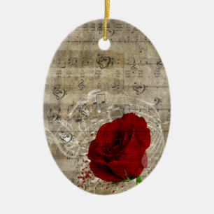 Beautiful red rose music notes swirl faded piano ceramic ornament