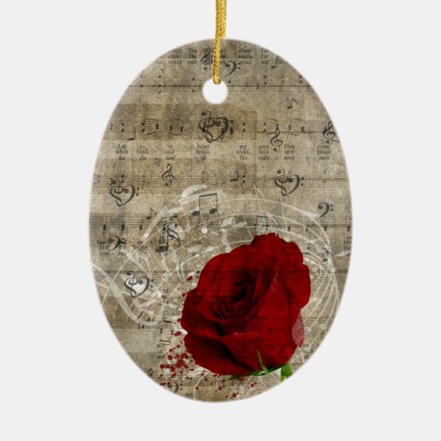 Beautiful red rose music notes swirl faded piano ceramic ornament (Front)