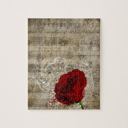 Beautiful red rose music notes swirl faded piano jigsaw puzzle