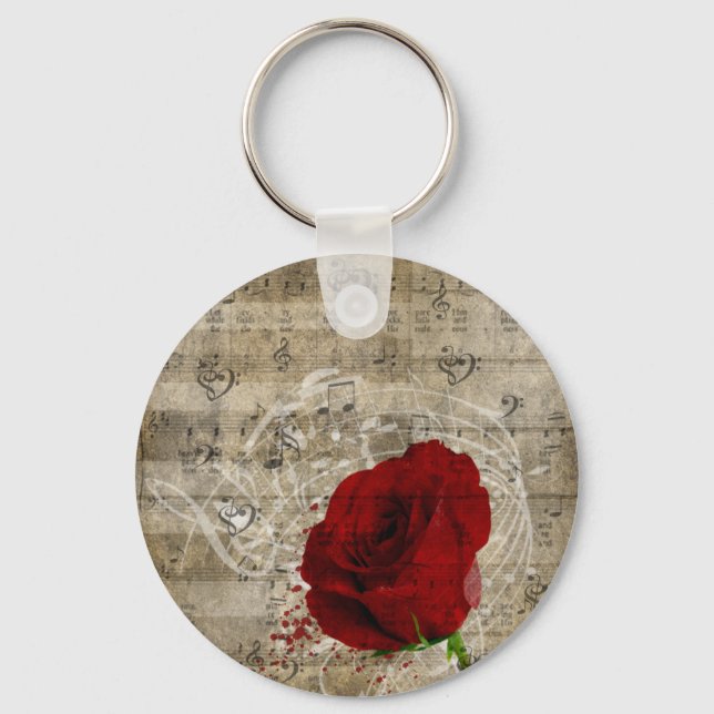 Beautiful red rose music notes swirl faded piano keychain (Front)