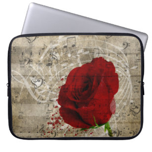 Beautiful red rose music notes swirl faded piano laptop sleeve