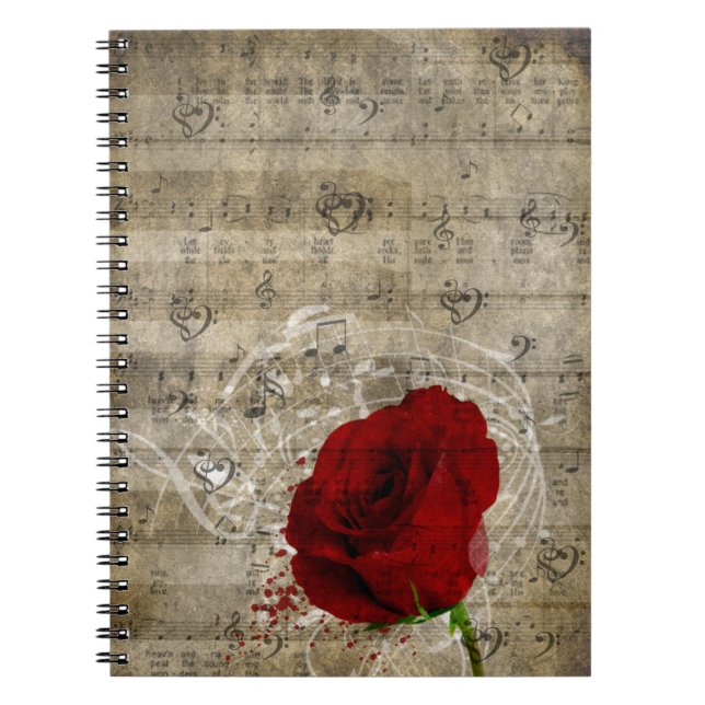 Beautiful red rose music notes swirl faded piano notebook (Front)