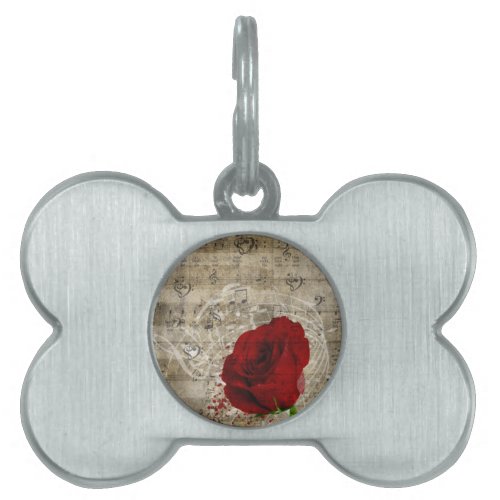 Beautiful red rose music notes swirl faded piano pet name tag