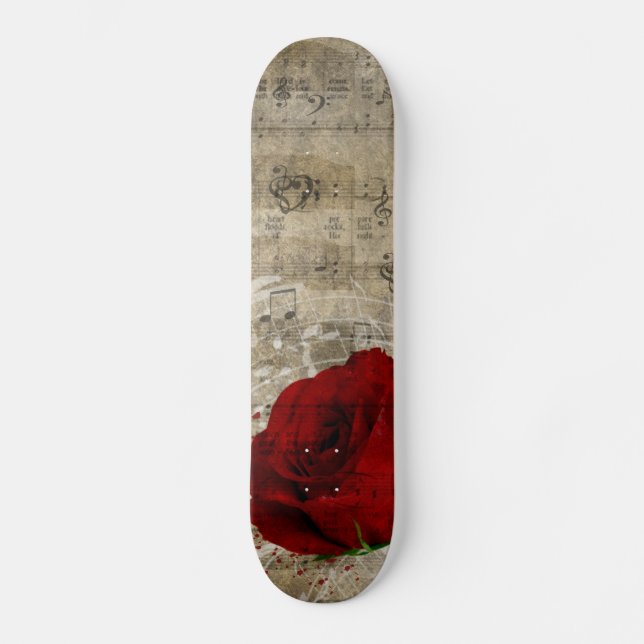 Beautiful red rose music notes swirl faded piano skateboard deck (Front)