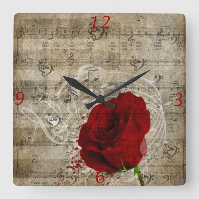 Beautiful red rose music notes swirl faded piano square wall clock (Front)