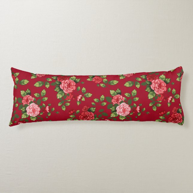 Beautiful Red Rose Pattern Body Pillow (Front)