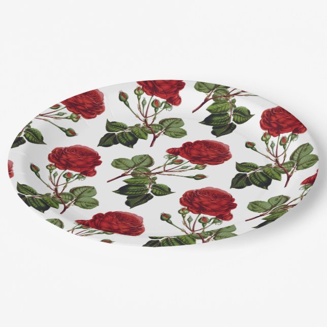 Beautiful red rose pattern paper plates (Angled)