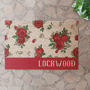 Beautiful Red Rose Pattern Your Name Fiber Doormat