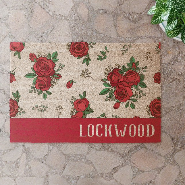 Beautiful Red Rose Pattern Your Name Fiber Doormat (Creator Uploaded)