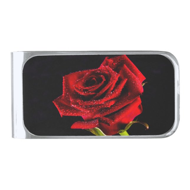 Beautiful red rose silver finish money clip (Front)