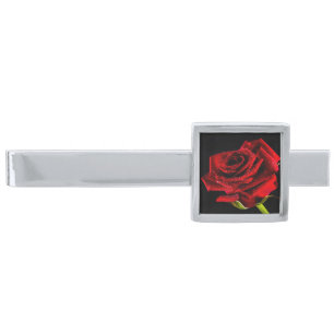 Beautiful red rose silver finish tie clip
