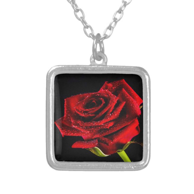Beautiful red rose silver plated necklace (Front)