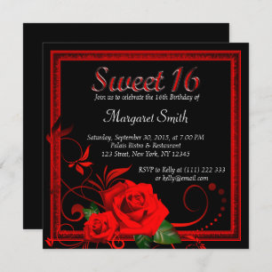 Beautiful red rose sweet 16 invitation