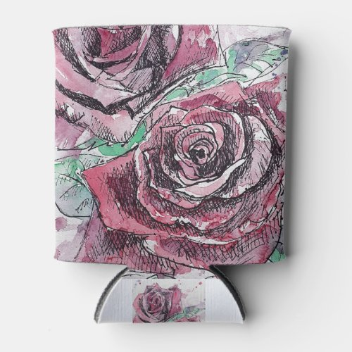 Beautiful Red Rose Watercolor Painting Can Cooler