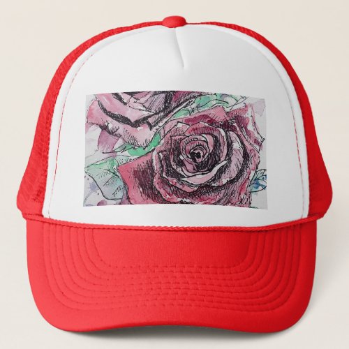 Beautiful Red Rose Watercolor Painting Trucker Hat