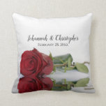 Beautiful Red Rose Wedding Memento Throw Pillow<br><div class="desc">This beautiful throw pillow is a perfect way to commemorate your special day. It features a beautiful design with a single long stemmed red rose reflecting in a pool of water with ripples and waves. Above are the names of the couple in lacy script calligraphy,  and the wedding date.</div>