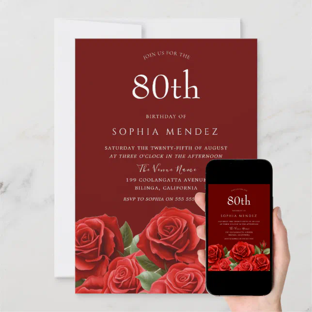 Beautiful Red Roses 80th Birthday Party Invitation | Zazzle