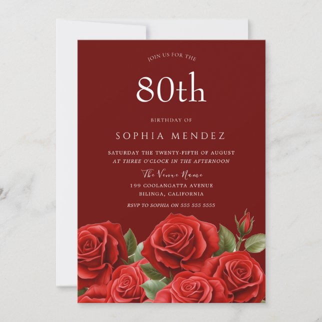 Beautiful Red Roses 80th Birthday Party Invitation (Front)