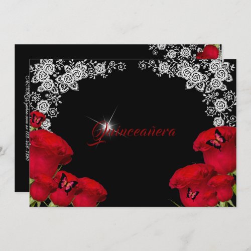 Beautiful Red Roses Butterflies Quinceanera  Invitation