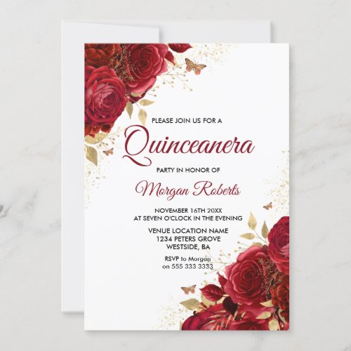 Beautiful Red Roses Butterflies Quinceanera Party Invitation