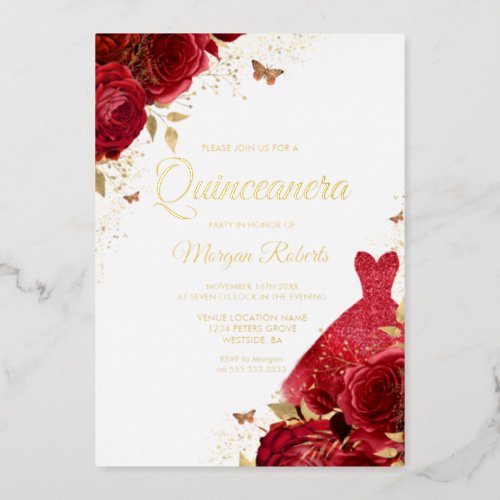 Beautiful Red Roses  Dress Gold Foil Quinceanera Foil Invitation
