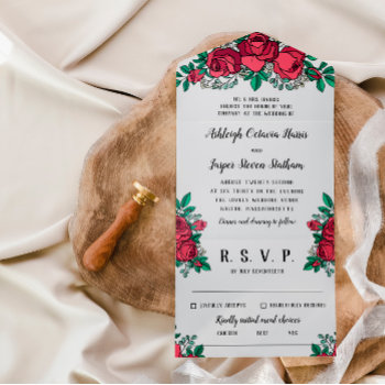 Beautiful Red Roses Floral Wedding All In One Invitation by Paperpaperpaper at Zazzle