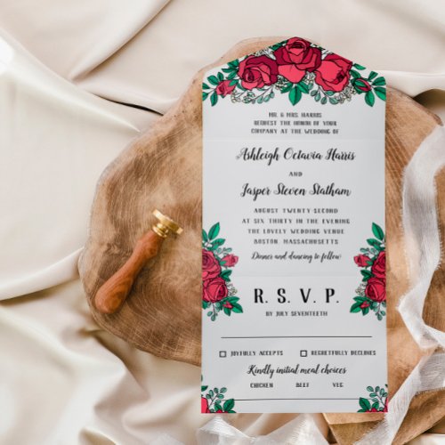 Beautiful Red Roses Floral Wedding All In One Invitation