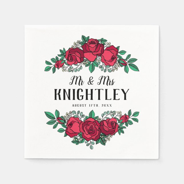 Beautiful Red Roses Floral Wedding Napkins (Front)