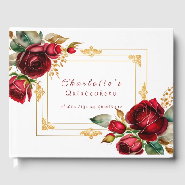 Beautiful Red Roses Gold Filigree Quinceañera Guest Book (Front)