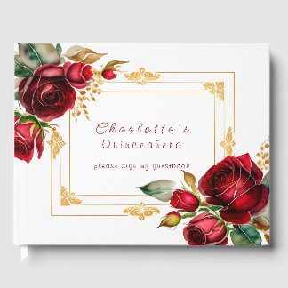 Beautiful Red Roses Gold Filigree Quinceañera Guest Book
