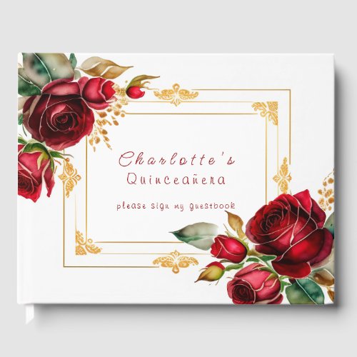 Beautiful Red Roses Gold Filigree Quincea&#241;era Guest Book