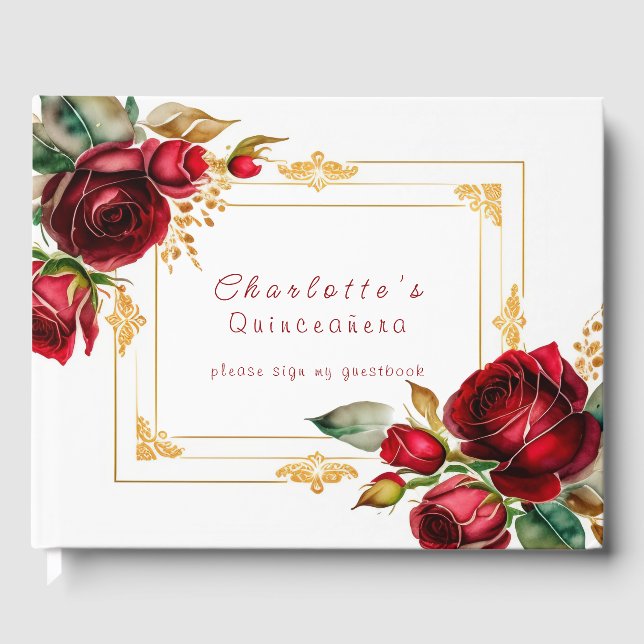 Beautiful Red Roses Gold Filigree Quinceañera Guest Book (Front)