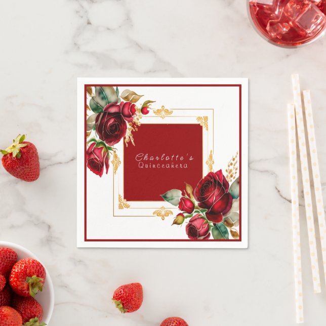Beautiful Red Roses Gold Filigree Quinceañera Napkins (Insitu)