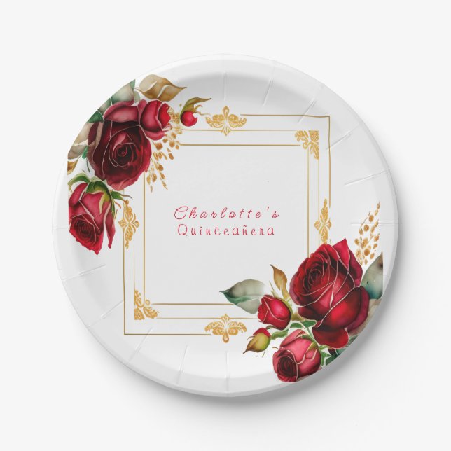 Beautiful Red Roses Gold Filigree Quinceañera Paper Plates (Front)