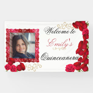 Beautiful, Red Roses, Gold Glitter Sparkle Photo Banner