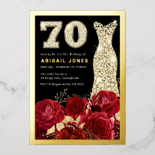 Beautiful Red Roses Gold Gown 70th Birthday Party Foil Invitation
