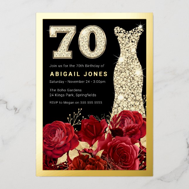 Beautiful Red Roses Gold Gown 70th Birthday Party Foil Invitation (Front)