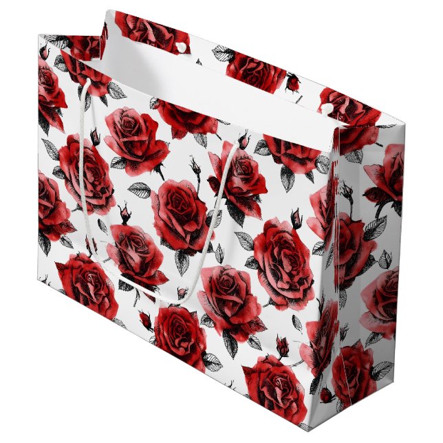 Beautiful Red Roses Illustration Style Valentine's Large Gift Bag (Front Angled)